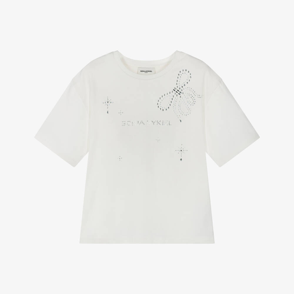 Sonia Rykiel Paris-Girls White Cotton Diamanté Logo T-Shirt | Childrensalon