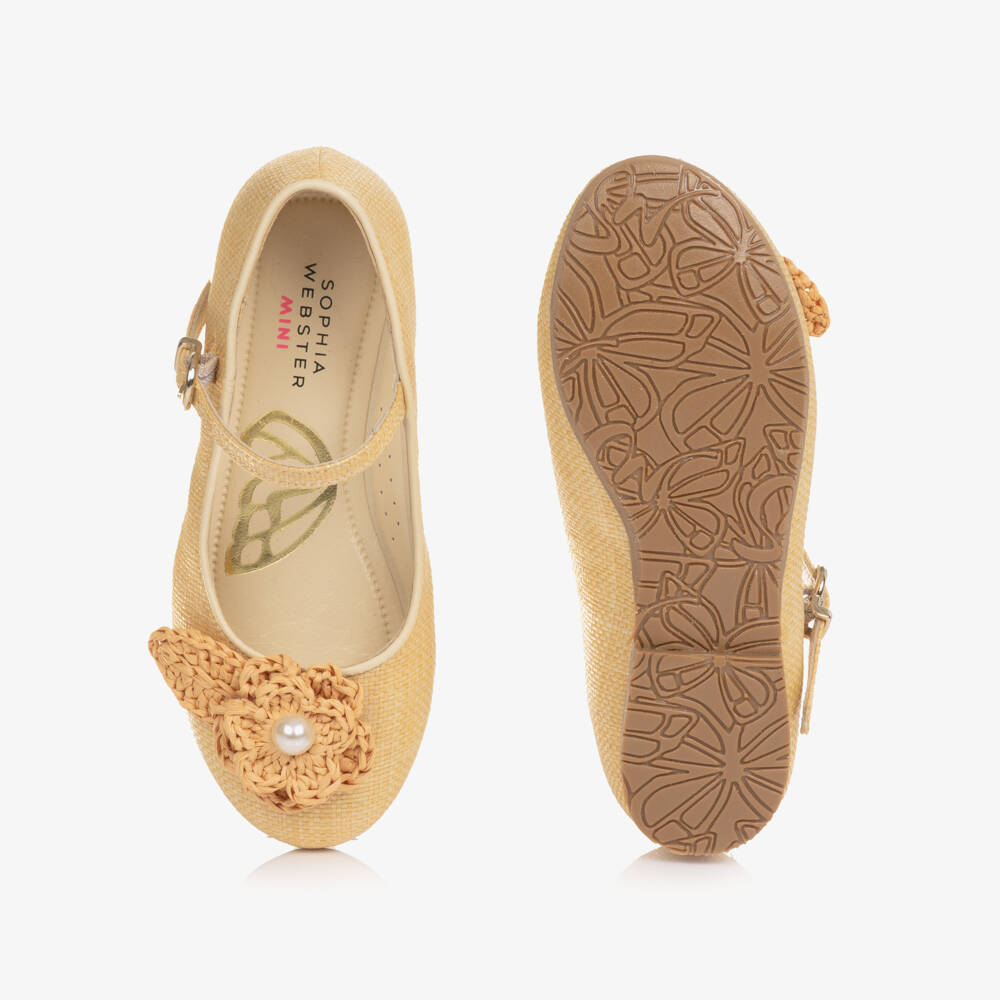 Sophia Webster Mini-Girls Beige Raffia Bar Shoes with Flower Detail | Childrensalon