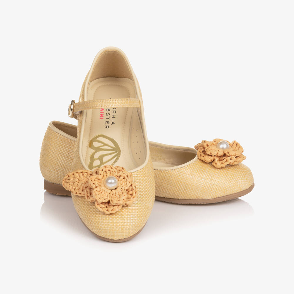 Sophia Webster Mini-Girls Beige Raffia Bar Shoes with Flower Detail | Childrensalon