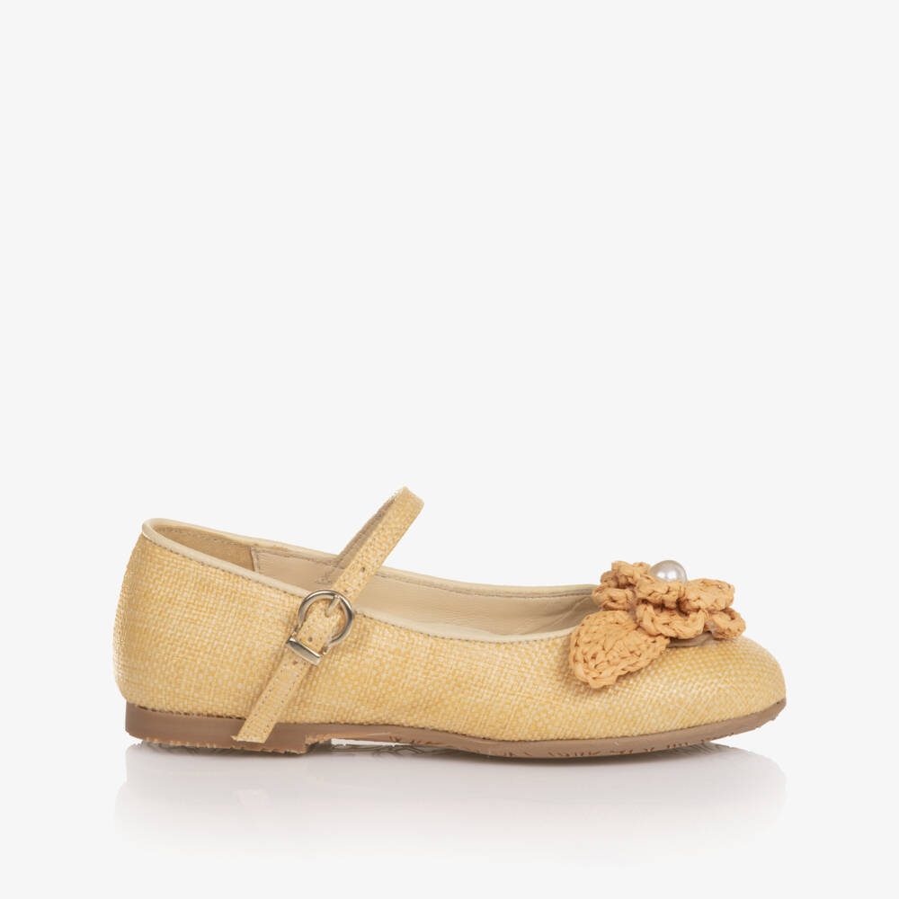 Sophia Webster Mini-Girls Beige Raffia Bar Shoes with Flower Detail | Childrensalon