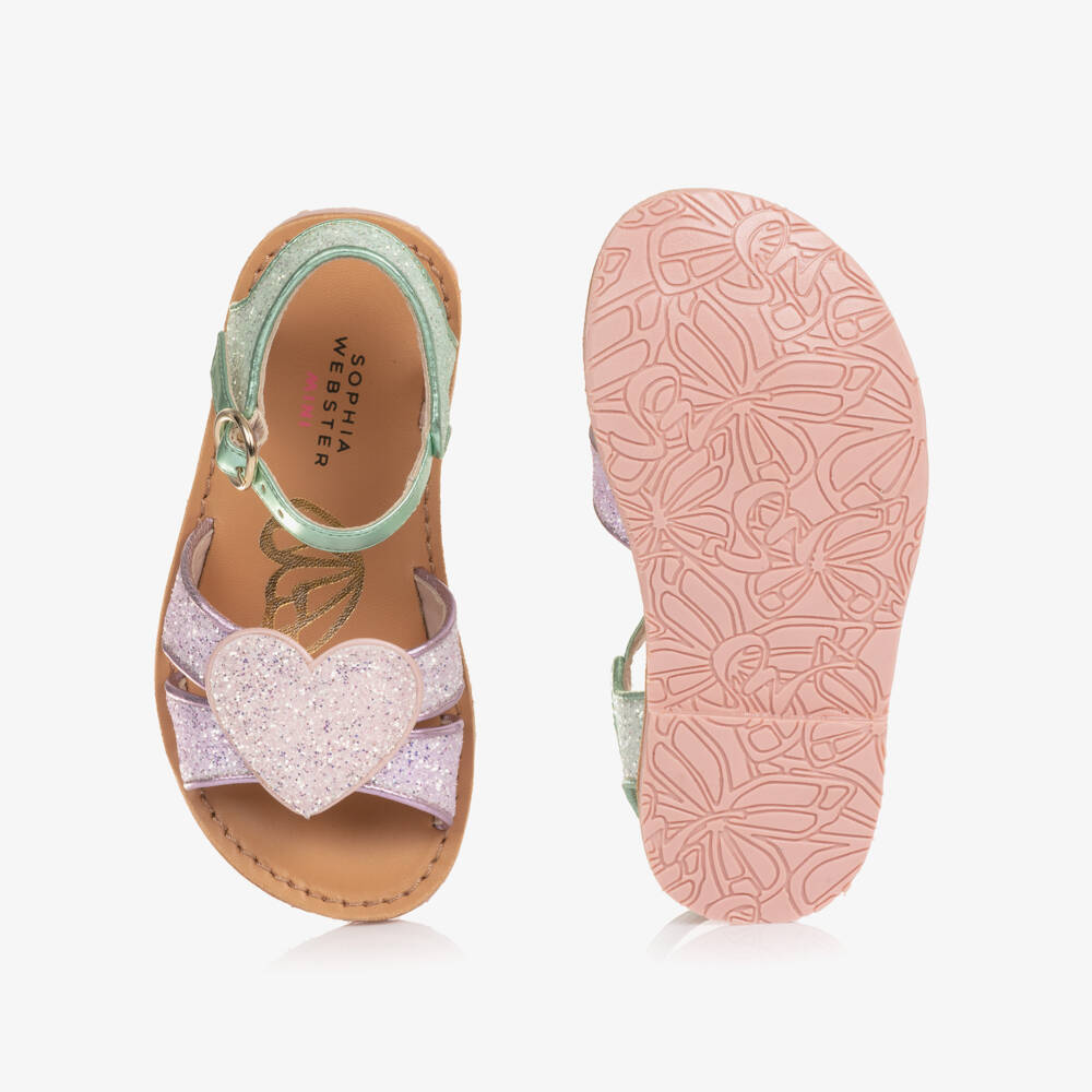 Sophia Webster Mini-Girls Green & Purple Glitter Embellished Leather Sandals | Childrensalon