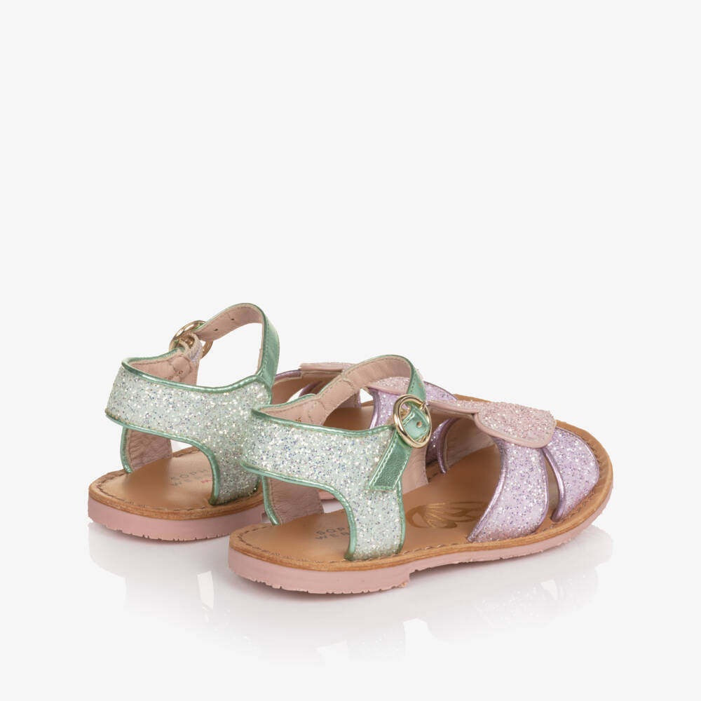 Sophia Webster Mini-Girls Green & Purple Glitter Embellished Leather Sandals | Childrensalon