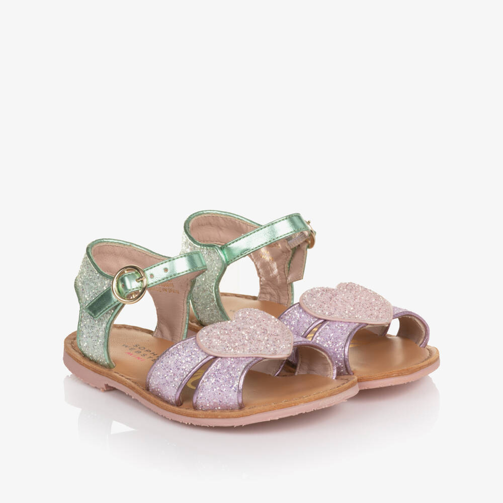 Sophia Webster Mini-Girls Green & Purple Glitter Embellished Leather Sandals | Childrensalon
