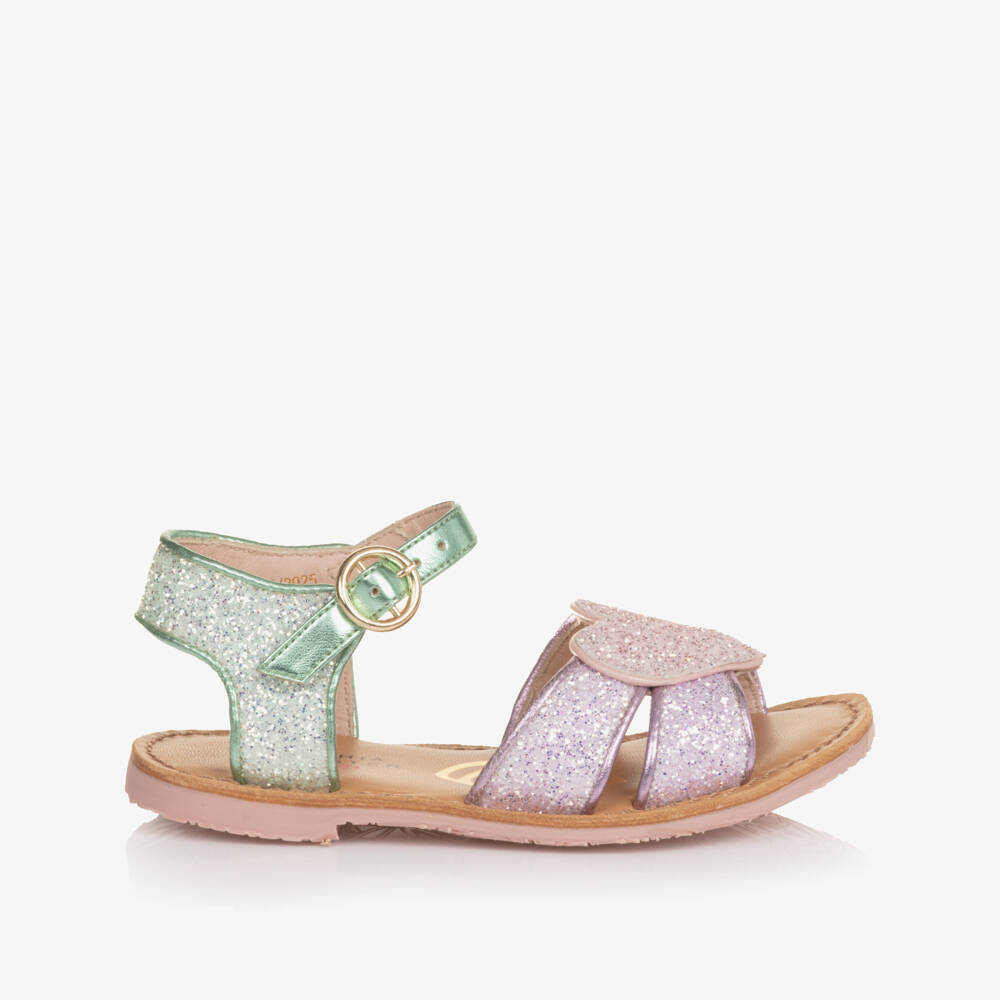 Sophia Webster Mini-Girls Green & Purple Glitter Embellished Leather Sandals | Childrensalon