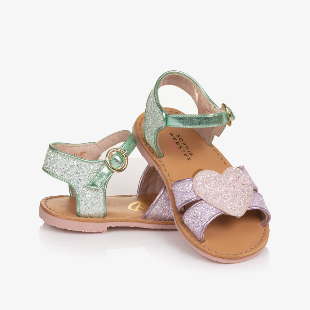 Sophia Webster Mini-Girls Green & Purple Glitter Embellished Leather Sandals | Childrensalon