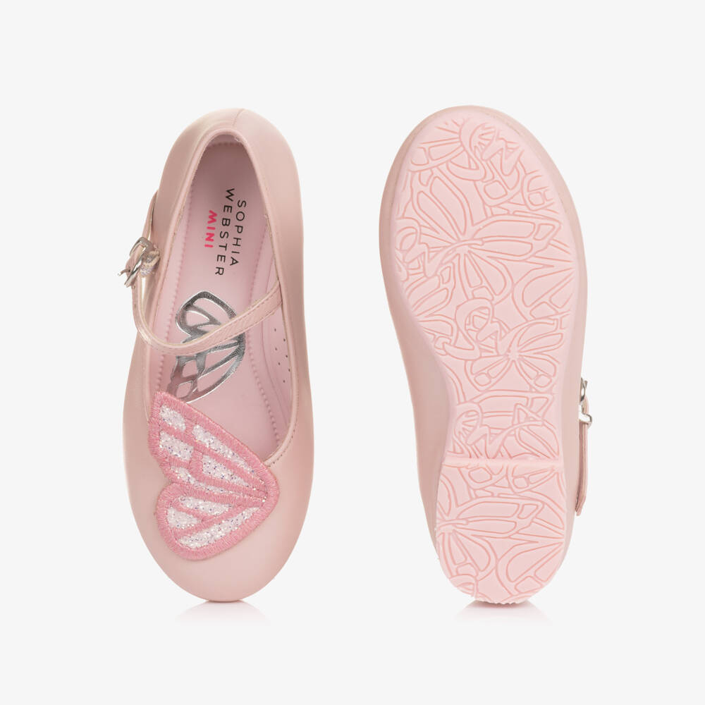 Sophia Webster Mini-Girls Pastel Pink Leather Bar Shoes with Butterfly Wings | Childrensalon