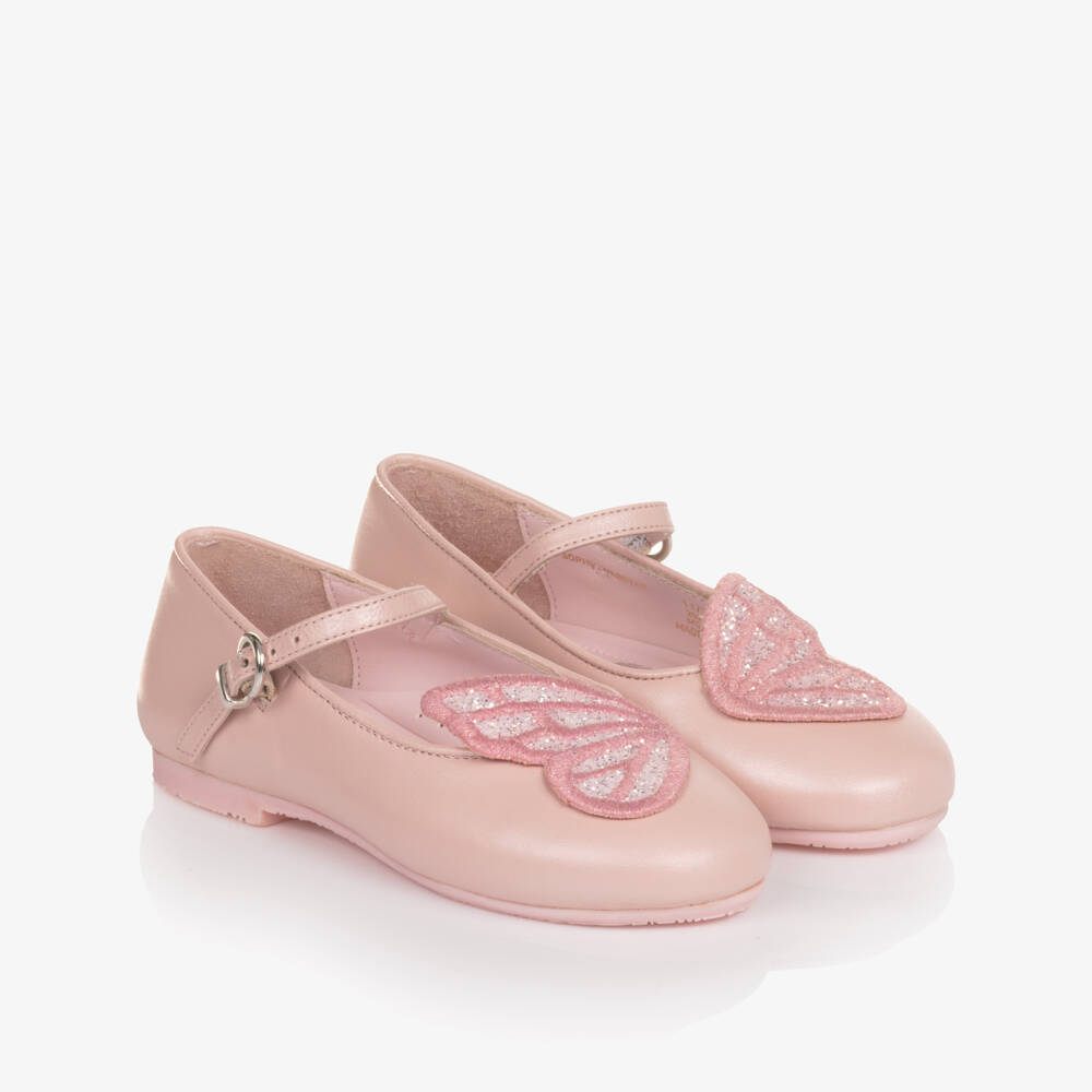 Sophia Webster Mini-Girls Pastel Pink Leather Bar Shoes with Butterfly Wings | Childrensalon