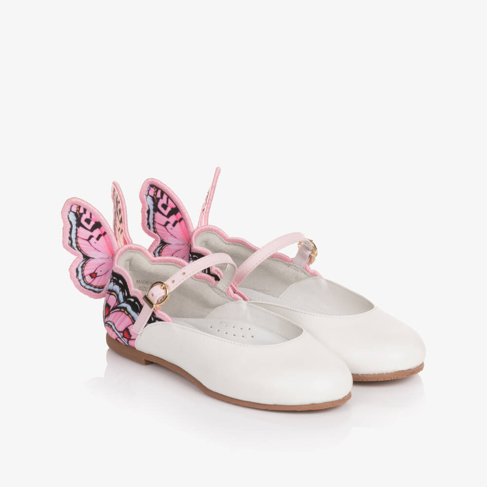 Sophia Webster Mini-Girls White Leather & Pink Butterfly Bar Shoes | Childrensalon