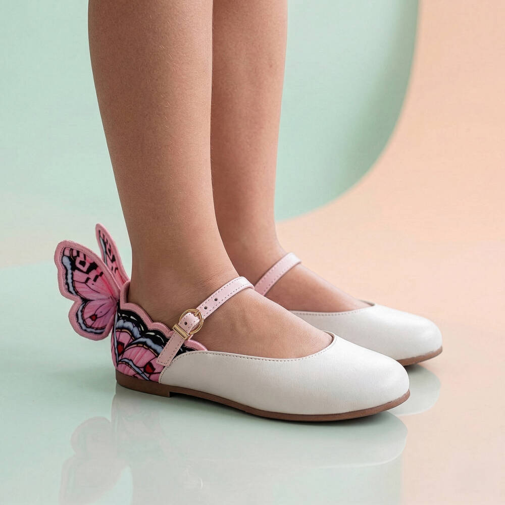 Sophia Webster Mini-Girls White Leather & Pink Butterfly Bar Shoes | Childrensalon