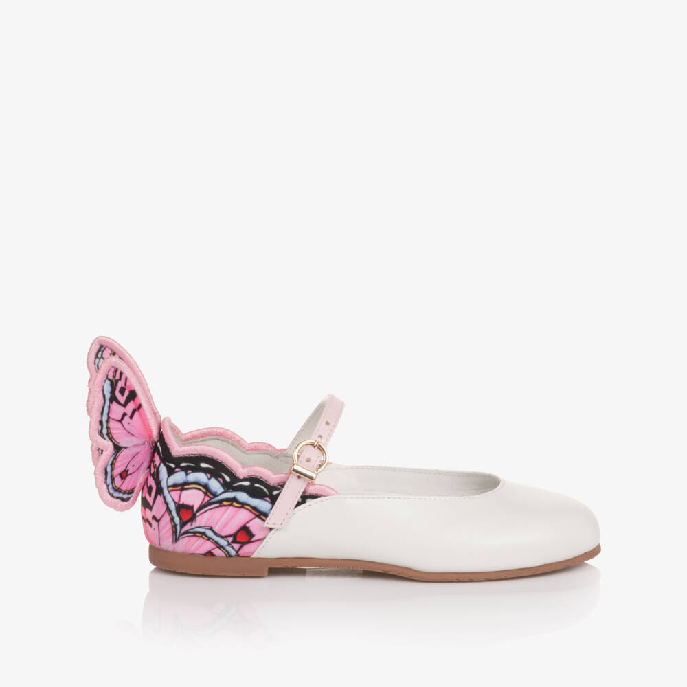 Sophia Webster Mini-Girls White Leather & Pink Butterfly Bar Shoes | Childrensalon