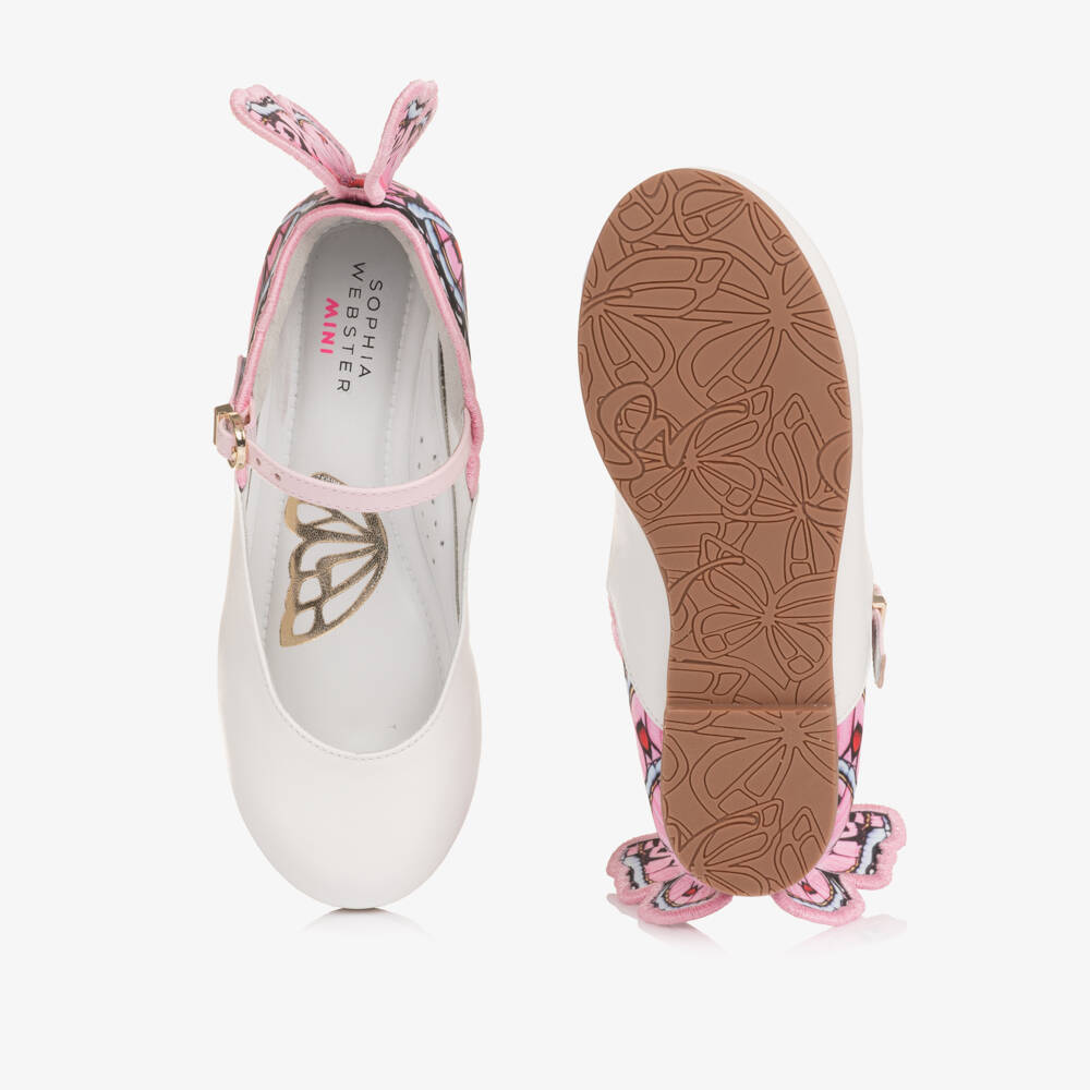 Sophia Webster Mini-Girls White Leather & Pink Butterfly Bar Shoes | Childrensalon