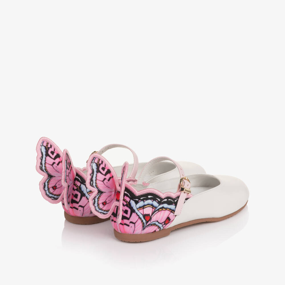 Sophia Webster Mini-Girls White Leather & Pink Butterfly Bar Shoes | Childrensalon
