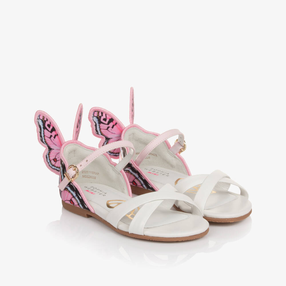 Sophia Webster Mini-Girls White Leather & Pink Buttery Sandals | Childrensalon