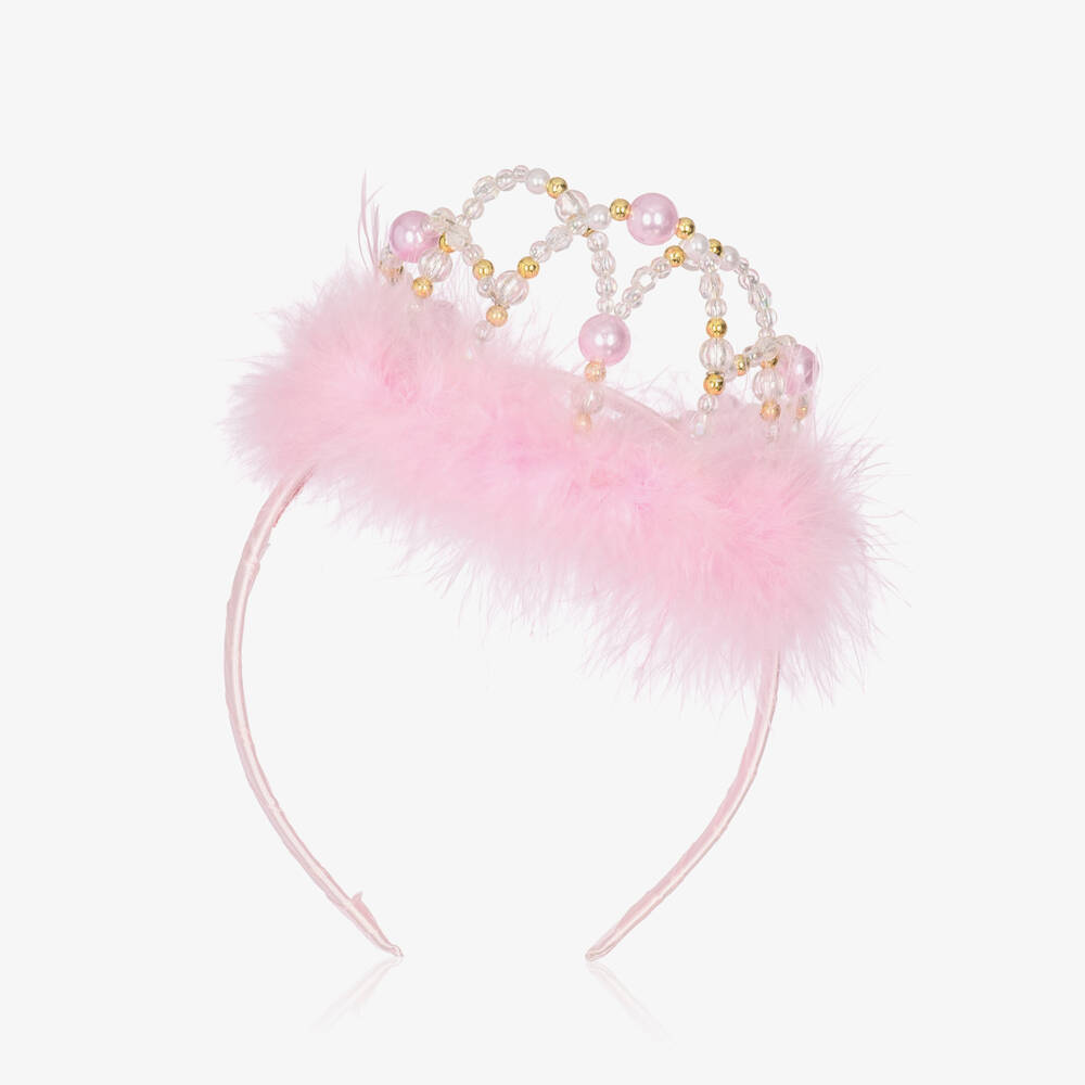Souza-Girls Pink Beaded Crown & Faux Feather Hairband  | Childrensalon
