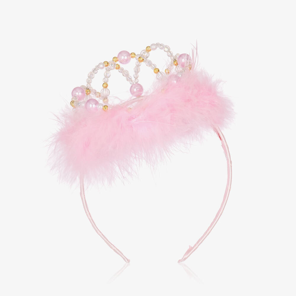 Souza-Girls Pink Beaded Crown & Faux Feather Hairband | Childrensalon