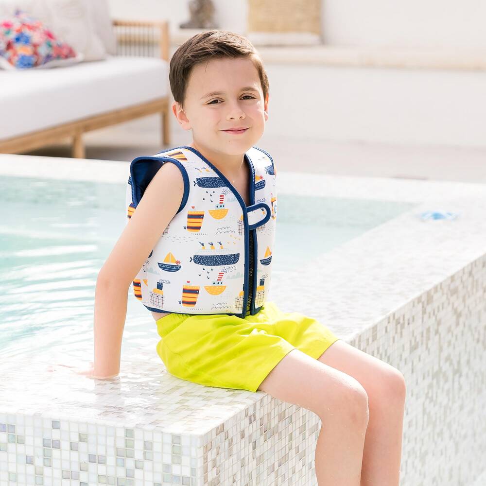 Splash About-Boys White & Blue Boat Print Float Vest | Childrensalon