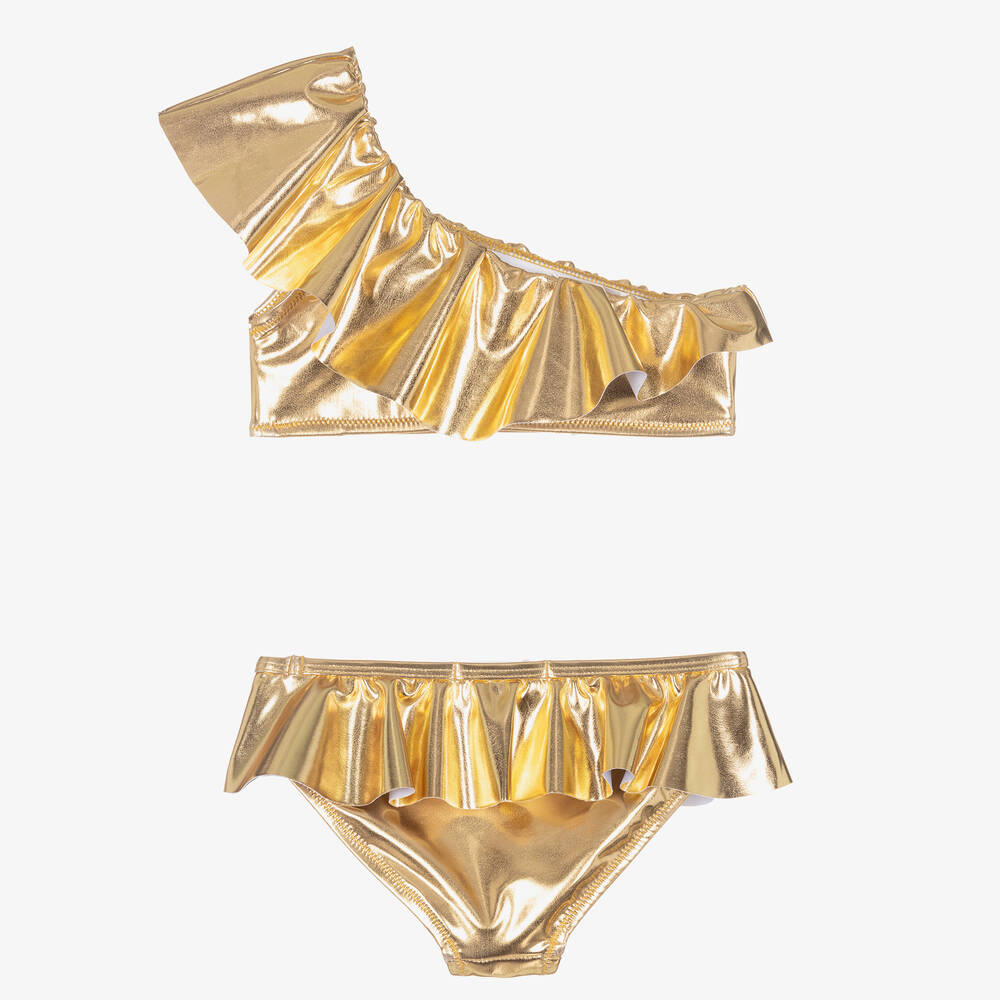 Stella Cove-Girls Metallic Gold One Shoulder Bikini | Childrensalon