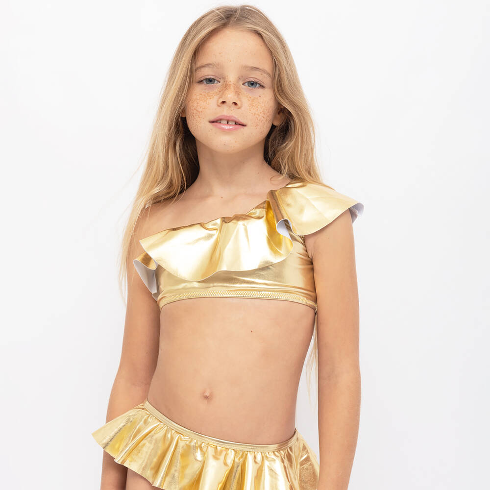 Stella Cove-Girls Metallic Gold One Shoulder Bikini | Childrensalon