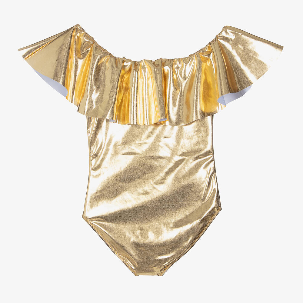 Stella Cove-Teen Girls Metallic Gold Ruffle Swimsuit | Childrensalon