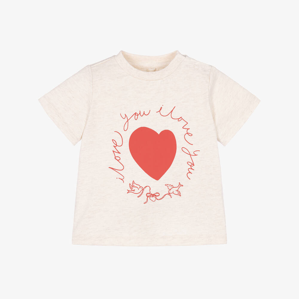 Stella McCartney Kids-Baby Girls Ivory T-Shirt with Heart Print | Childrensalon