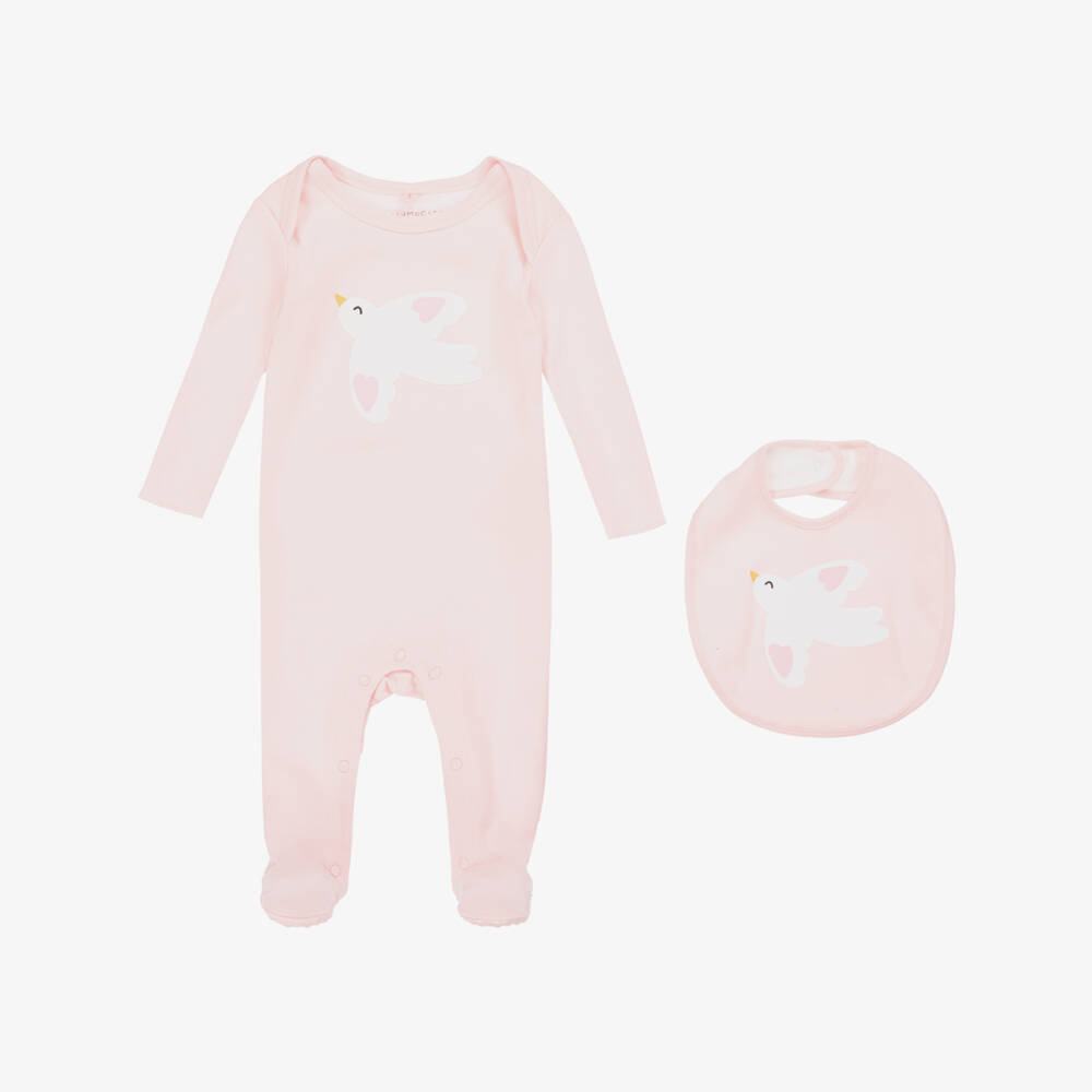 Stella McCartney Kids-Комплект с комбинезоном и слюнявчиком розовый из хлопка с птицей для малышек | Childrensalon