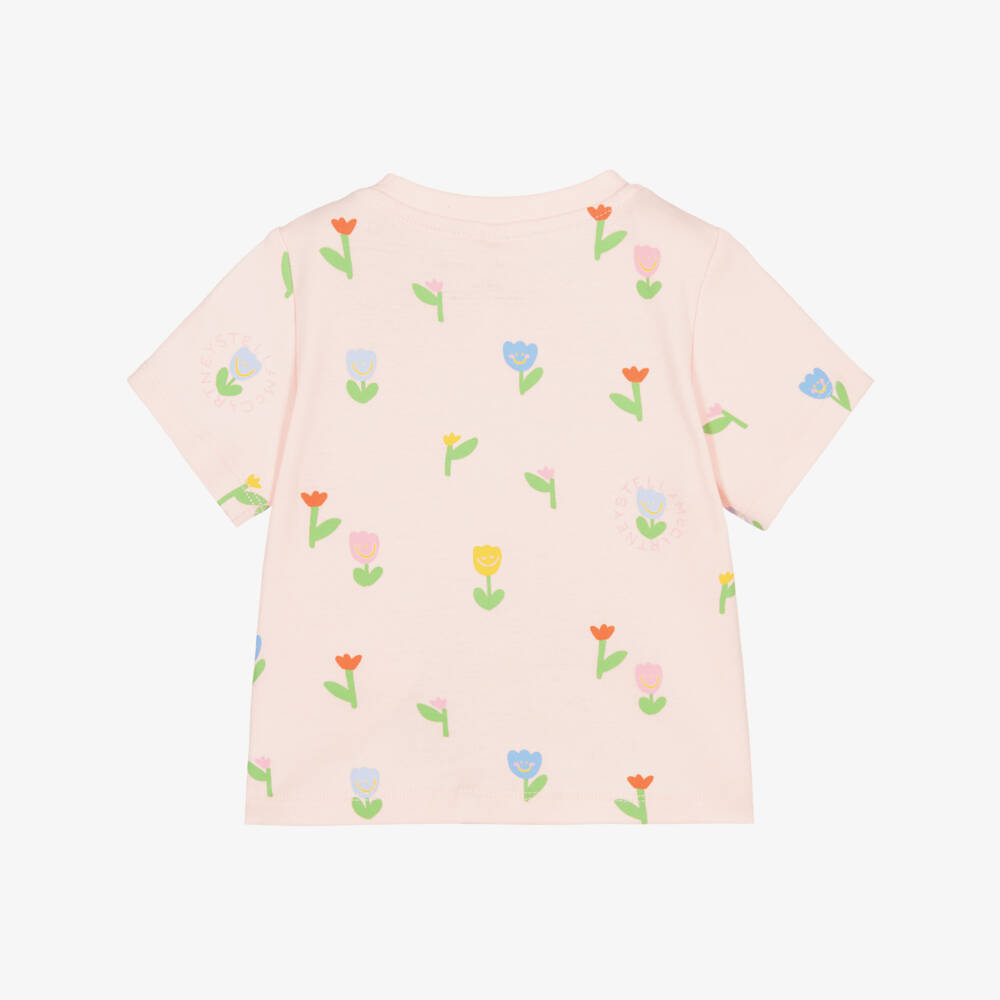 Stella McCartney Kids-Baby Girls Pink Cotton Floral Pattern T-Shirt | Childrensalon