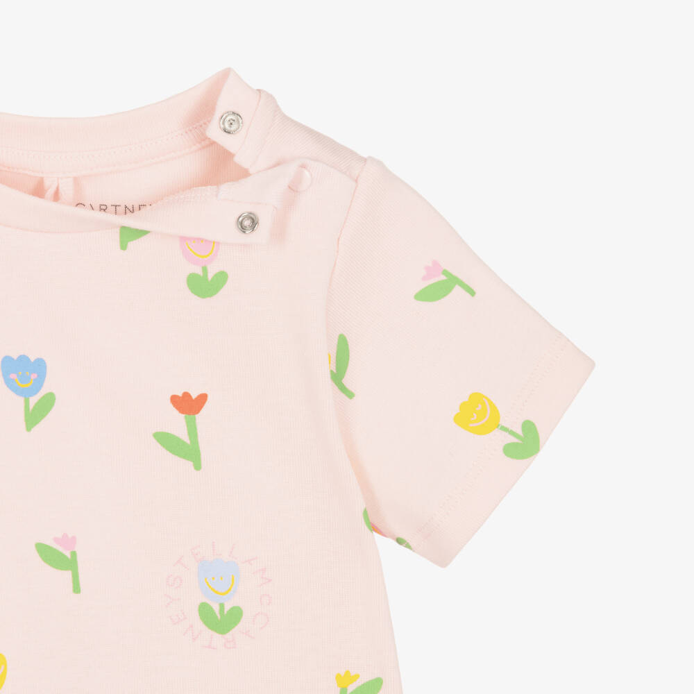 Stella McCartney Kids-Baby Girls Pink Cotton Floral Pattern T-Shirt | Childrensalon