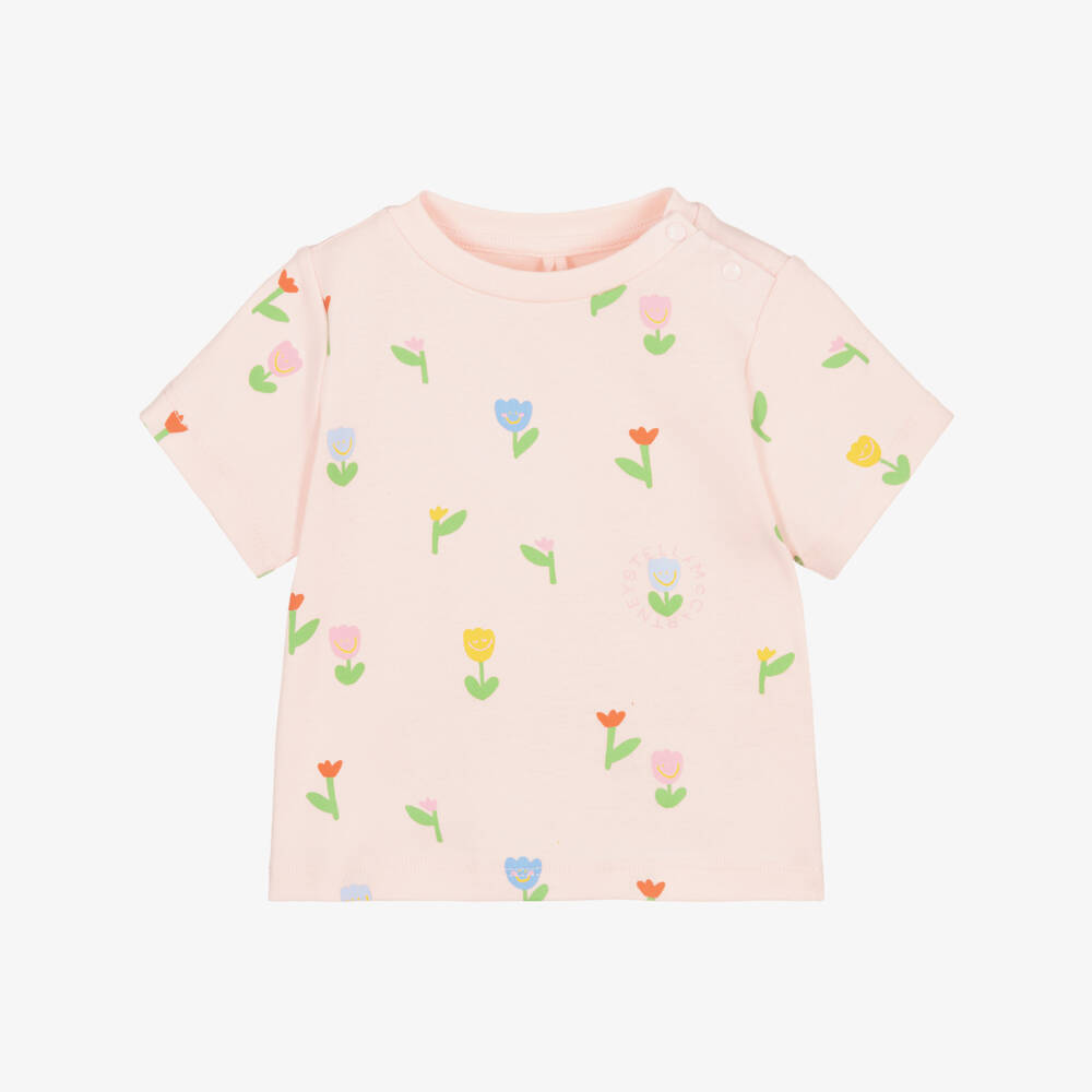 Stella McCartney Kids-Baby Girls Pink Cotton Floral Pattern T-Shirt | Childrensalon