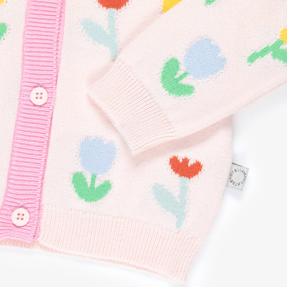 Stella McCartney Kids-Baby Girls Pink Cotton Knit Floral Cardigan | Childrensalon