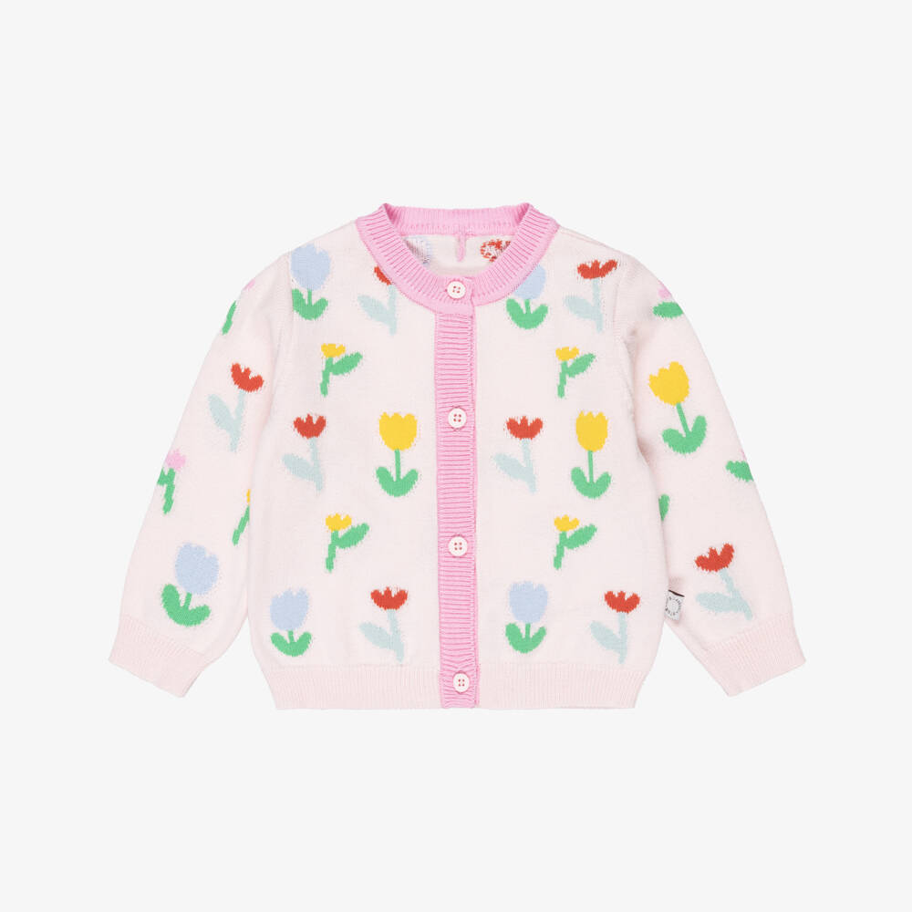 Stella McCartney Kids-Baby Girls Pink Cotton Knit Floral Cardigan | Childrensalon