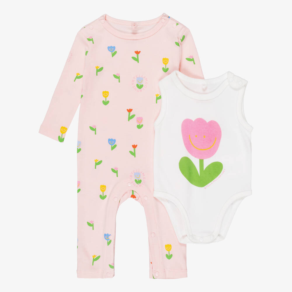 Stella McCartney Kids-Baby Girls Pink Floral Cotton Babysuit Set | Childrensalon