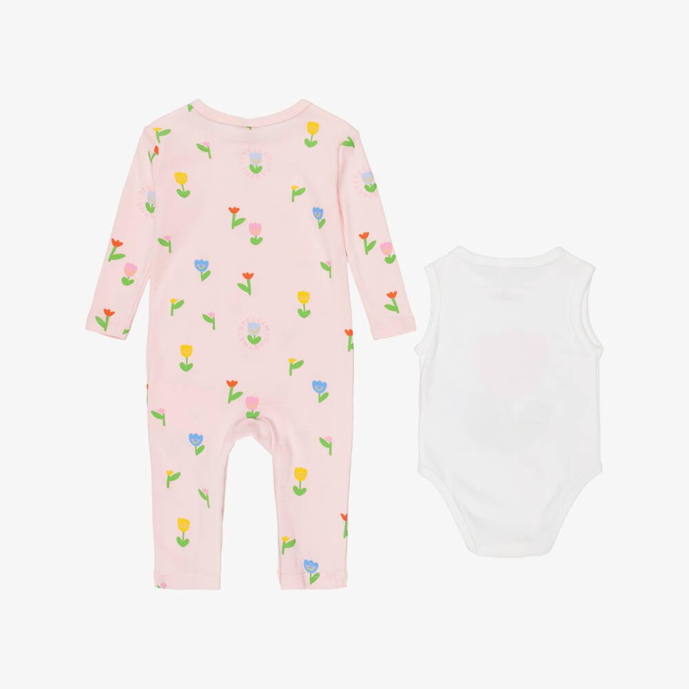 Stella McCartney Kids-Baby Girls Pink Floral Cotton Babysuit Set | Childrensalon