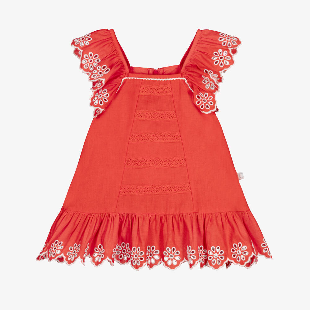 Stella McCartney Kids-Baby Girls Red Dress with White Floral Embroidery | Childrensalon