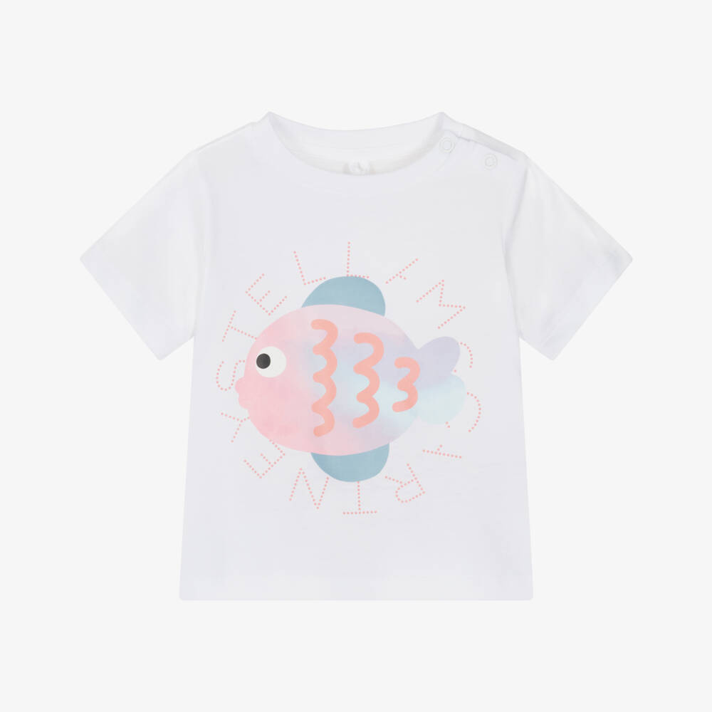 Stella McCartney Kids-Baby Girls White Cotton T-Shirt with Fish & Logo Print | Childrensalon