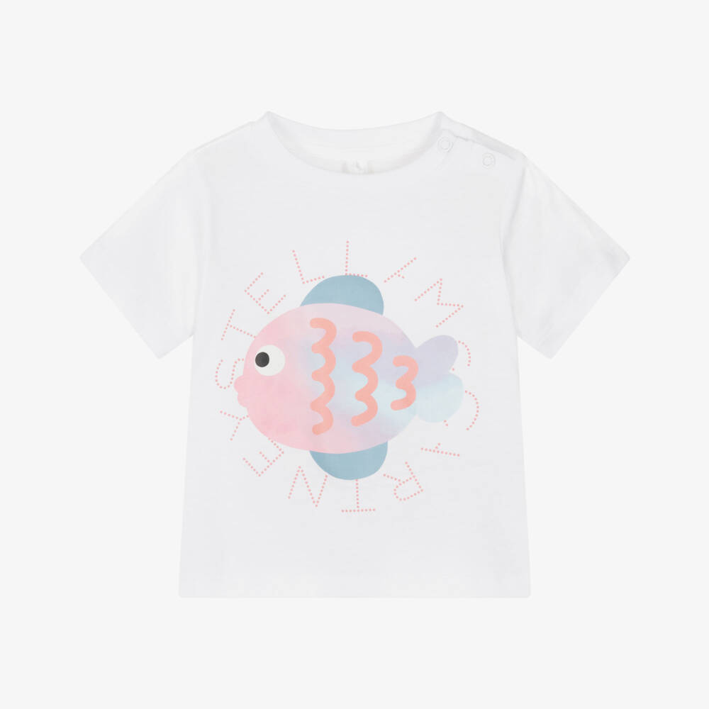 Stella McCartney Kids-Футболка белая из хлопка с принтом рыбки и логотипом для малышек | Childrensalon