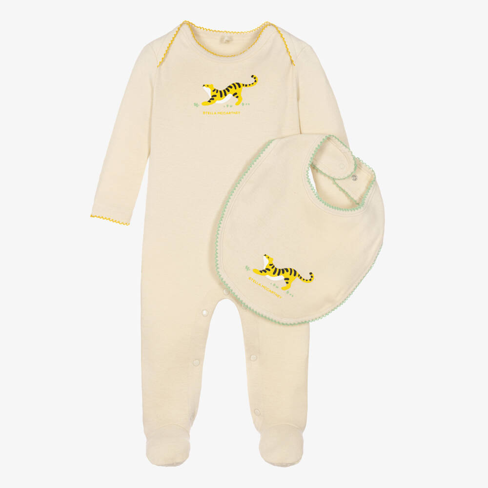 Stella McCartney Kids-Boys Beige Tiger Babysuit & Bib Gift Set | Childrensalon