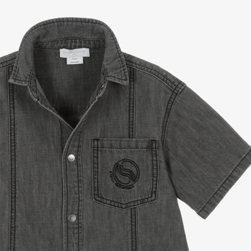 Stella McCartney Kids-Boys Black Denim Shirt with Embroidered Circular Logo | Childrensalon