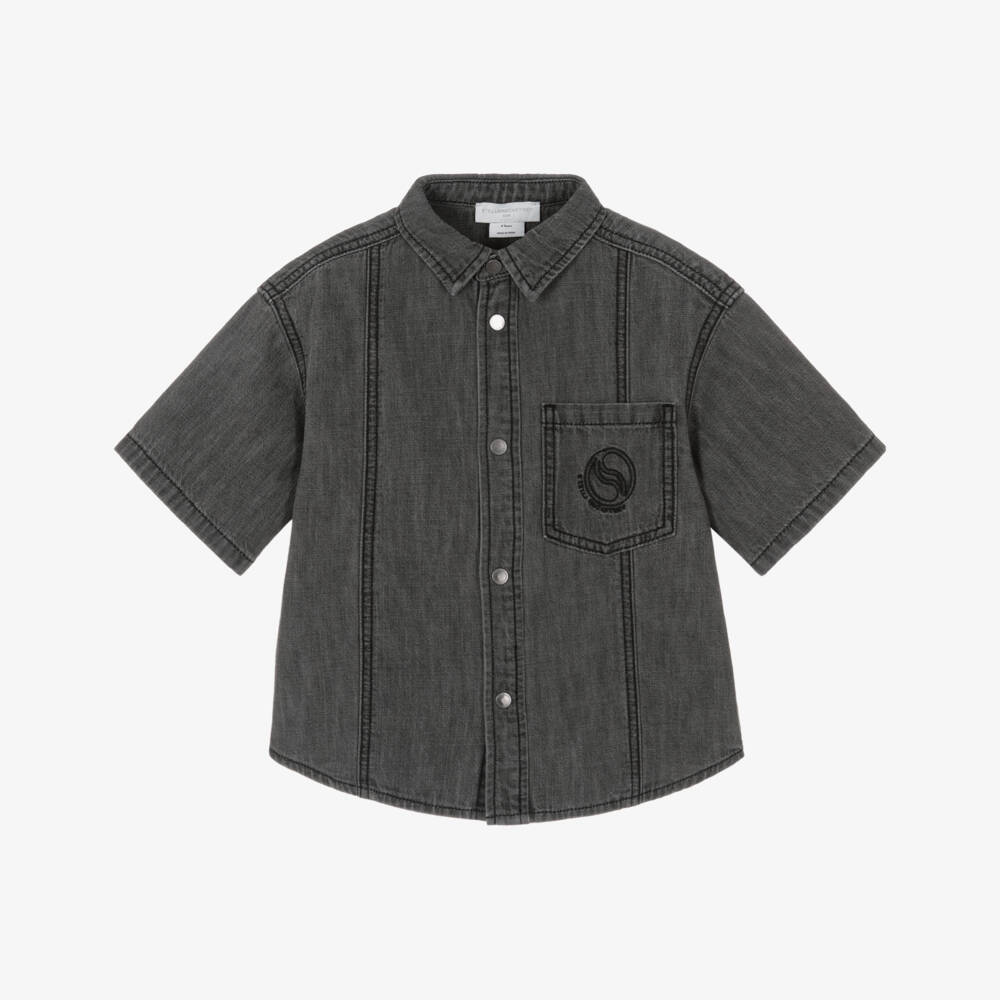 Stella McCartney Kids-Boys Black Denim Shirt with Embroidered Circular Logo | Childrensalon