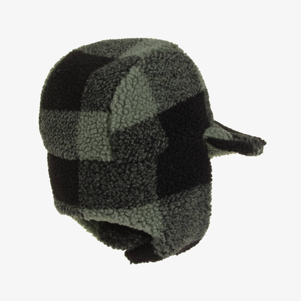 Stella McCartney Kids-Boys Black & Green Check Sherpa Fleece Hat | Childrensalon