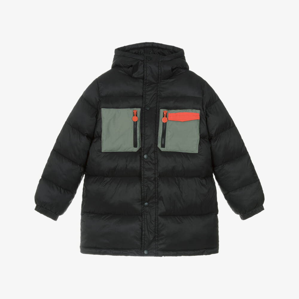 Stella McCartney Kids-Boys Black Puffer Coat With Green & Orange Detailing | Childrensalon