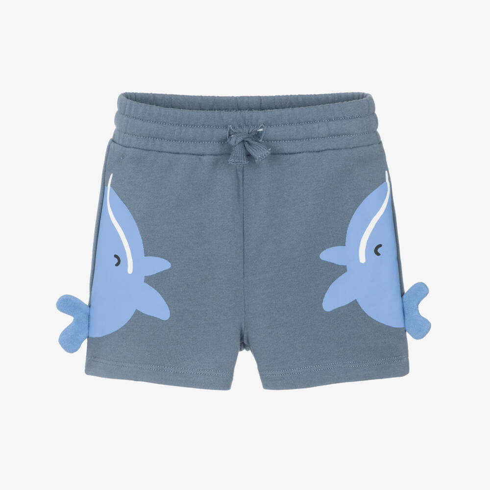 Stella McCartney Kids-Boys Blue Cotton Jersey Whale Print Shorts | Childrensalon