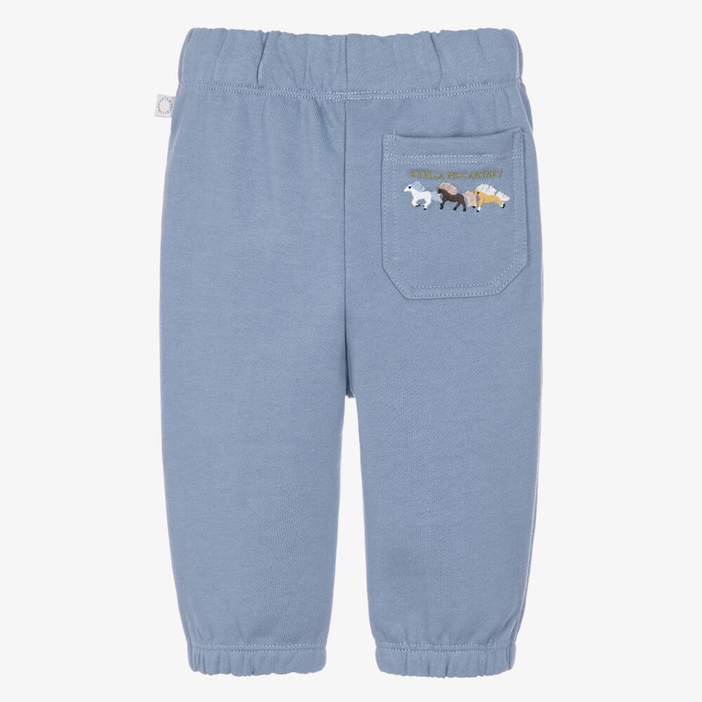 Stella McCartney Kids-Boys Blue Cotton Joggers with Embroidered Horses | Childrensalon