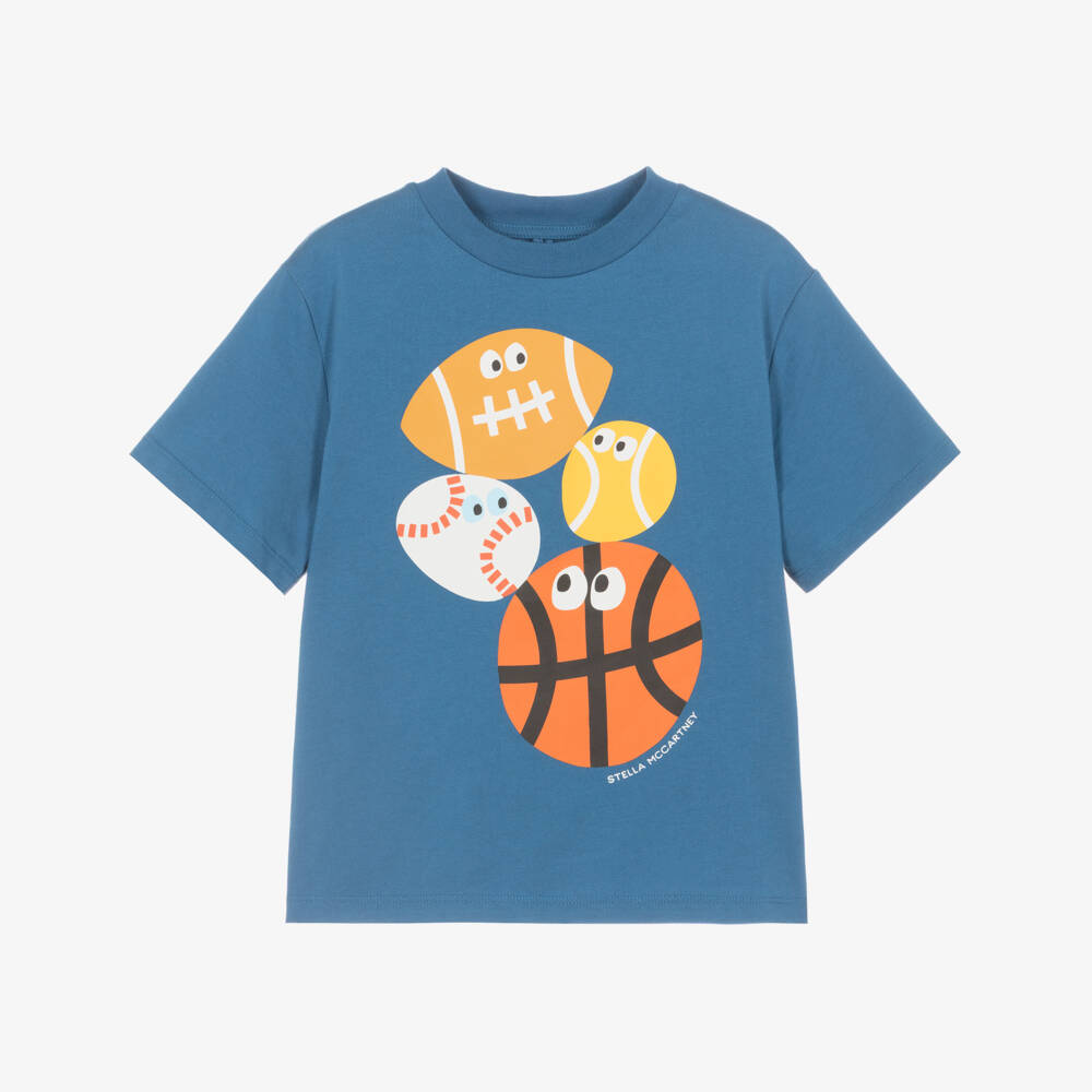 Stella McCartney Kids-Boys Blue Cotton Sports Balls T-Shirt | Childrensalon