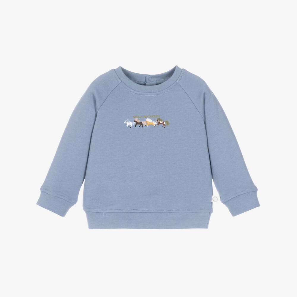 Stella McCartney Kids-Boys Blue Cotton Sweatshirt with Embroidered Horses | Childrensalon