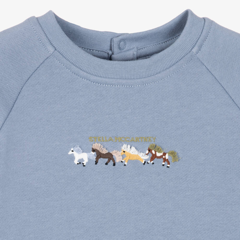 Stella McCartney Kids-Boys Blue Cotton Sweatshirt with Embroidered Horses | Childrensalon