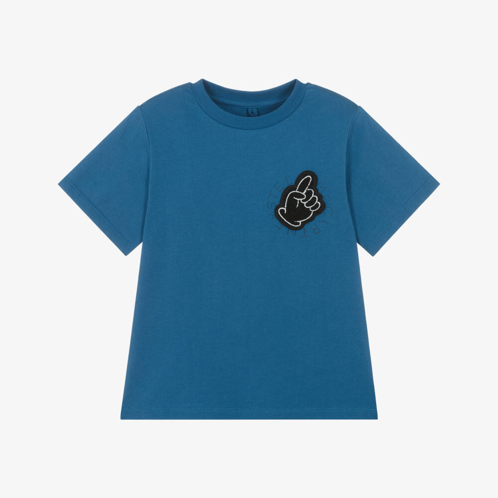 Stella McCartney Kids-Boys Blue Cotton T-Shirt with Hand Appliqué | Childrensalon