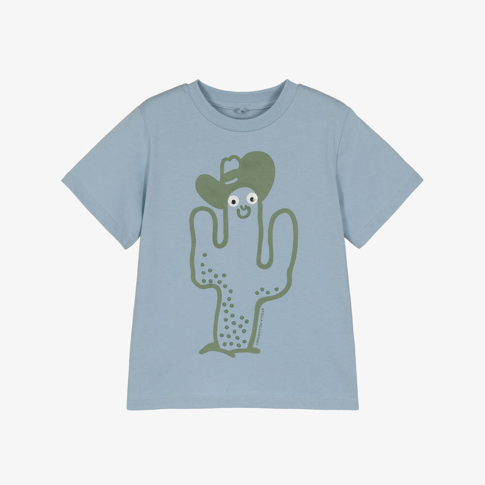Stella McCartney Kids-Boys Blue Cotton T-Shirt with Playful Cactus Print | Childrensalon