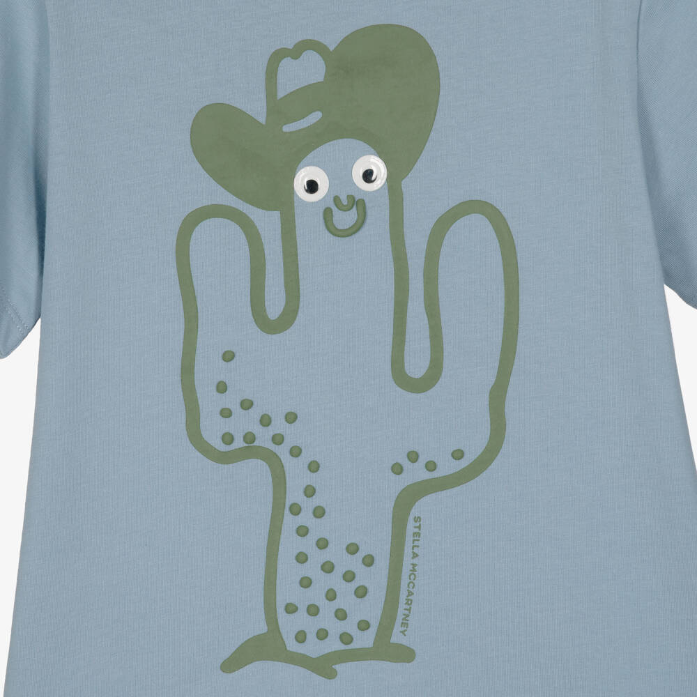 Stella McCartney Kids-Boys Blue Cotton T-Shirt with Playful Cactus Print | Childrensalon