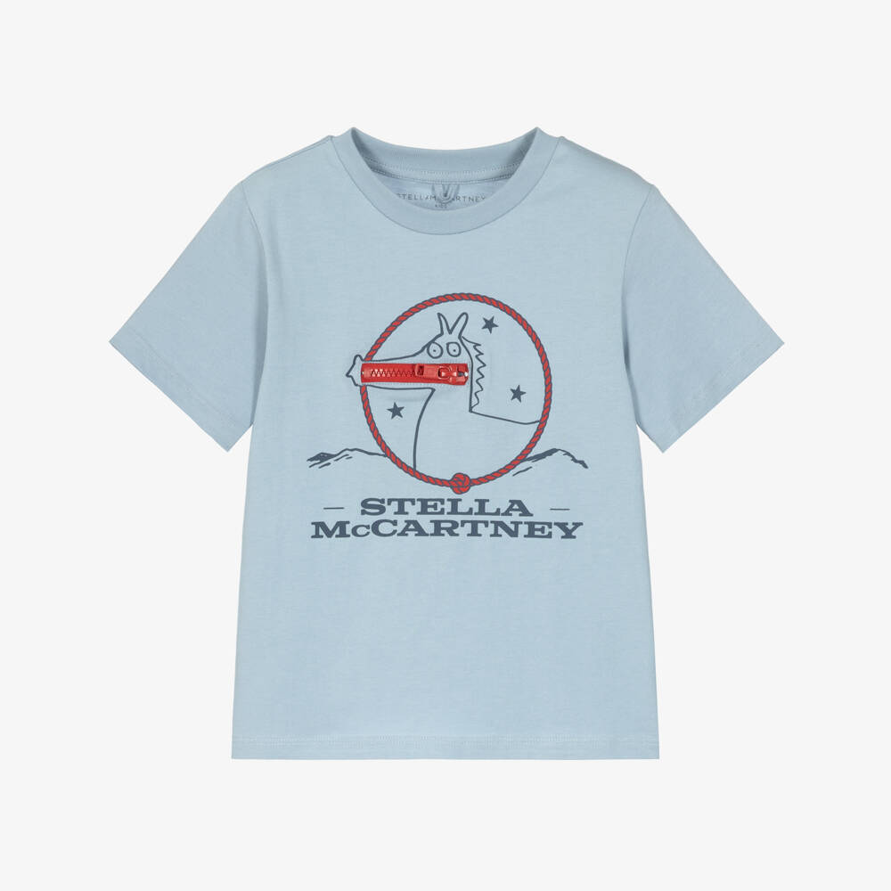 Stella McCartney Kids-Boys Blue Cotton T-Shirt with Playful Horse Motif | Childrensalon