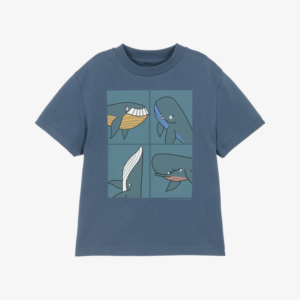 Stella McCartney Kids-Boys Blue Cotton T-Shirt with Whale Graphic | Childrensalon